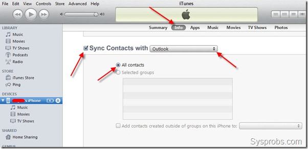 select outlook contacts to sync with iPhone 4