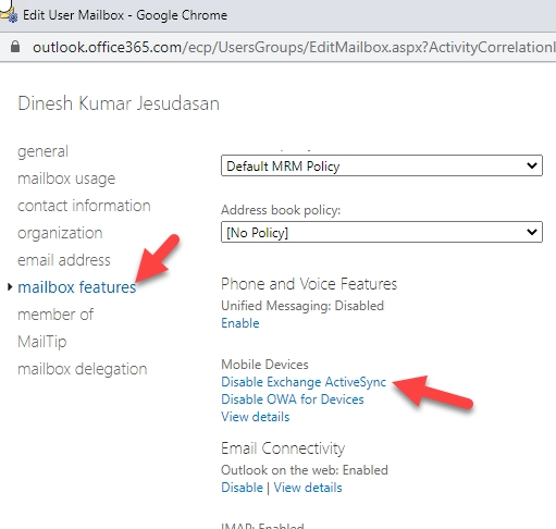 Disable Activesync In Office 365