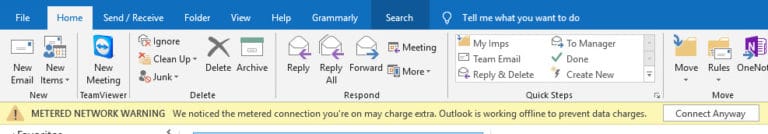 Metered network warning in outlook исправить