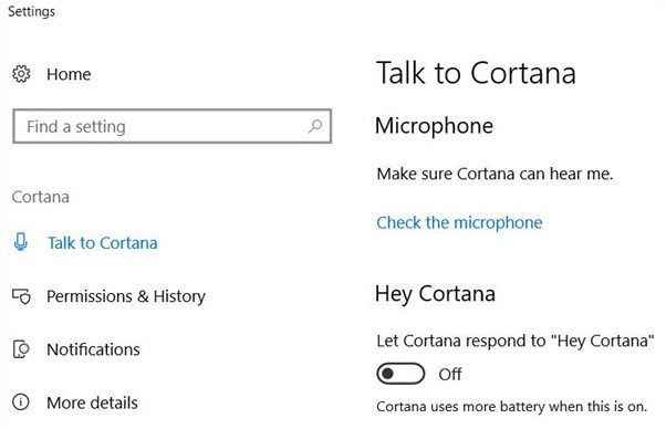 Hey Cortana Settings