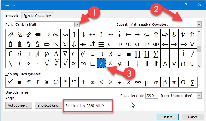 Angle Symbol In Word