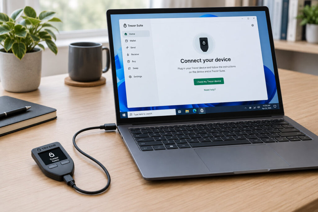 Trezor Hardware Wallet Connected To A Windows Laptop